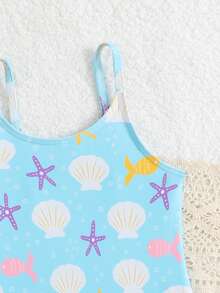 SHEIN 女婴沙滩连体泳衣，可爱蓝色海洋生物和贝壳印花，针织面料，时尚优雅，适合游泳、夏季度假、海滩、泳池、假日派对等场合。 - 彩色 - 查看 4
