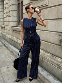 Siren Gaze 春夏新款条纹金属扣通勤套装（女款） - 藏蓝色 - 查看 5