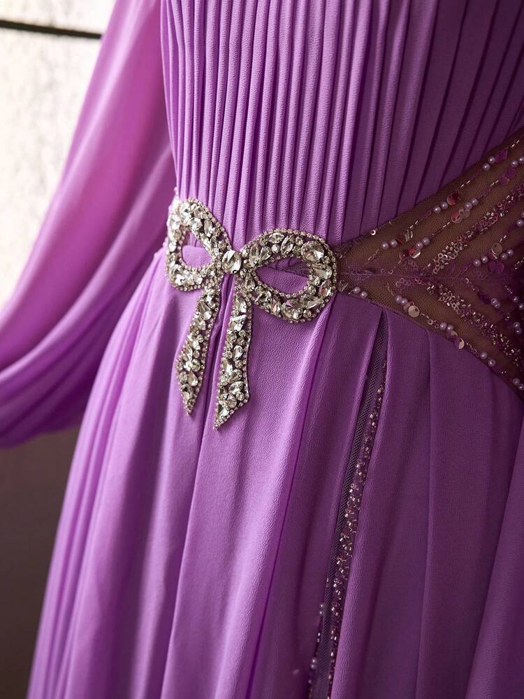 WOMEN'S NEW TARO PURPLE CHIFFON BEADED LONG SLEEVE FORMAL DRESS, FLOWING AND ELEGANT LONG EVENING GOWN