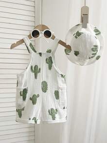 SHEIN Playful Pals 2件組新生男嬰夏季仙人掌&熱帶植物印花白色圍兜短褲與帽子套裝 嬰兒純棉連身褲休閒度假吊帶套裝 - 白色 - 查看 3