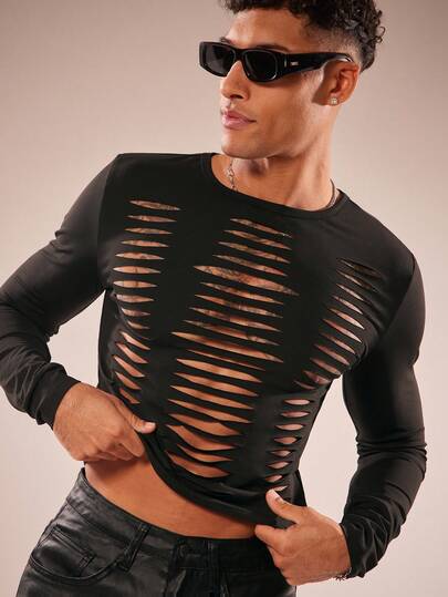 FeverCity Men's Solid Color Hollow Out Round Neck Slim Fit Sexy Long Sleeve T-Shirt