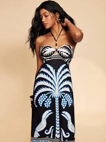 Travachic Women's Halter Tie Parrot & Tree Print Casual Vacation Date Midi Dress - Multicolor - View 6