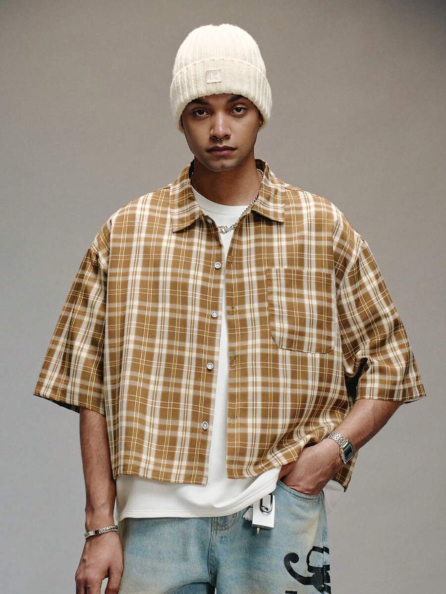 PAVTROS 情人节、春夏、送给男友的礼物、狂欢节、复古、街头风、派对、圣帕特里克节、外出、街头风宽松拉链衬衫、复古重塑、经典格纹做旧图案、简约数字点缀、醒目现代、融合当代与复古风格、适合休闲、街头、户外、主题派对等场合 - 棕色 - 查看 1