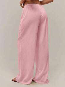 SHEIN Forever 21 女士纯色弹力腰抽绳宽松休闲裤 - 粉色 - 查看 2