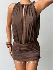 Aloruh Women's Solid Color Sexy Evening Party Date Spring Summer Vacation Shell Tassel Ruched Bodycon Dress, Brown Sexy Deep V Backless Halter Mini Dress - Brown - View 6