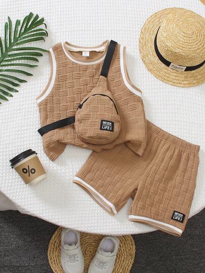 3pcs Young Boy Minimalist Nature-Inspired Sleeveless Top + Shorts Set, Matching Crossbody Bag, Textured Woven Fabric, Striped Collar, Motivational Label, Suitable For Spring/Summer Outings, Everyday Wear, Family Activities, Back To School