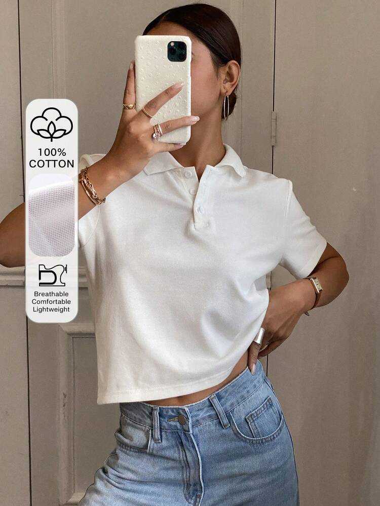 Women's Solid Color Short Sleeve Casual Polo Collar Loose Cropped T-Shirt