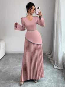 Modelyn 女士蓝色梭织收腰褶裥喇叭连衣裙 - 粉色 - 查看 4