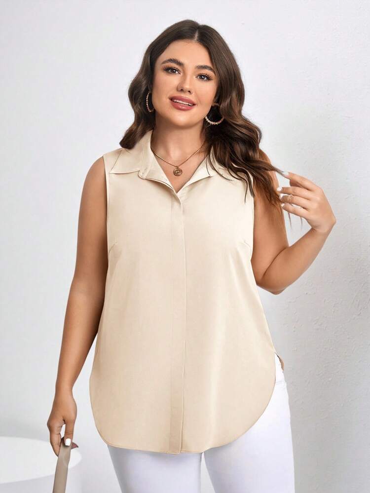 SHEIN Clasi Áo sơ mi nữ cỡ lớn không tay màu trơn, kiểu dáng thường ngày, áo mùa hè, áo sơ mi cài nút cỡ lớn, áo mùa hè cỡ lớn, áo không tay cỡ lớn, áo sơ mi nữ cỡ lớn. - Màu be - Xem 6