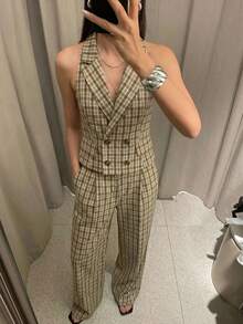 Maija 女士春夏休闲、办公、通勤格纹印花翻领露背吊带背心和西装裤套装 - 彩色 - 查看 1