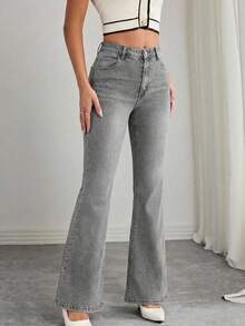 Jeanoix Plus Size Women Pockets Button Slim Fit Flared Jeans, Versatile For Daily Wear - Grey - View 4