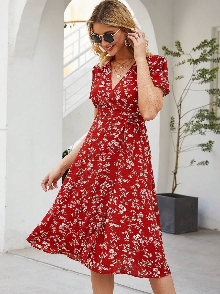 Breezaya Women's Fashion V-Neck Floral Criss-Cross Tie Wrap Dress - Red - View 1