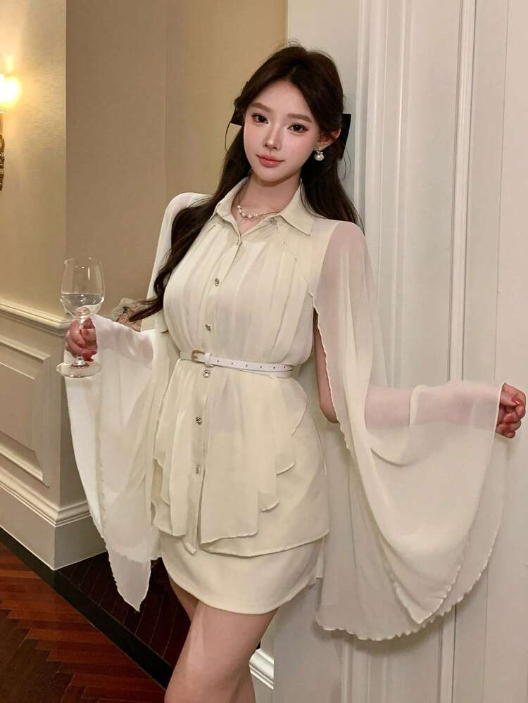 Spring & Summer White Chiffon Blouse, 2 In 1 Shawl Collar Design, Elegant Casual Vacation Slim Fit Shirt, Suitable For Dates, Weddings, Parties, Long Sleeve Women Top