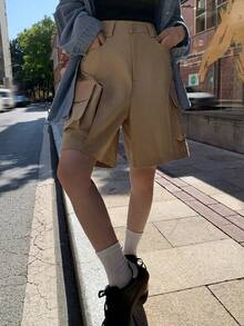 DAZY Damen einfarbige, locker sitzende Cargo-Stil Shorts mit Gürtelschlaufen für Frühling und Sommer - Khaki - Übersicht 8