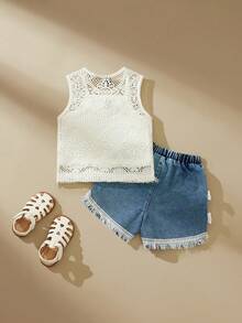 SHEIN 三件套女童优雅纯色钩针镂空流苏圆领无袖背心、蝴蝶结口袋短裤、白色无袖上衣和牛仔短裤，可爱乡村度假夏季套装 - 白色 - 查看 2