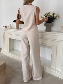 Livesso 纯色裹身侧结上衣和阔腿裤 - 米色 - 查看 2