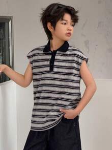 DAZY Áo thun tay ngắn cổ polo kẻ sọc dành cho bé trai tuổi teen - Màu xanh hải quân - Xem 6