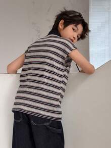 DAZY Áo thun tay ngắn cổ polo kẻ sọc dành cho bé trai tuổi teen - Màu xanh hải quân - Xem 7