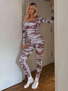 DAZY Bộ 2 món đồ ngủ nữ, họa tiết bất đối xứng, lót lông mềm mại, gồm áo dài tay và quần, thích hợp cho mùa Thu/Đông. - Màu xanh lam - Xem 5