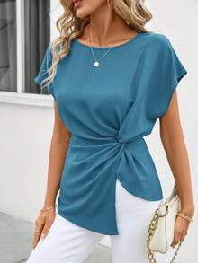 SHEIN Clasi 扭纹不对称下摆优雅短袖女式衬衫 - 水鴨藍 - 查看 3