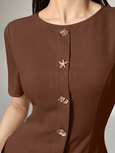 Heiryn Solid Button Front Pleated Hem Dress