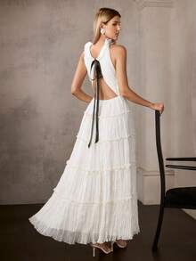 MOTF Soiréza WOMEN'S ELEGANT FLOOR-LENGTH FORMAL DRESS WITH RUFFLE NECKLINE, IDEAL FOR WEDDINGS, GALA DINNERS, CELEBRATIONS & FORMAL PARTIES - Beige - View 3