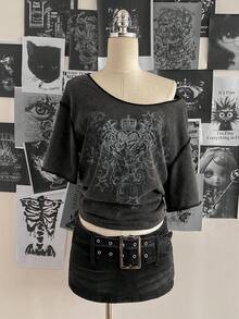 Attitoon Áo thun nữ dáng rộng, chất liệu 62% cotton, màu đen pha xám, in hình trái tim có cánh theo phong cách Punk – Thích hợp cho lễ hội miền Tây và mùa tựu trường, phong cách đường phố mùa hè thoải mái, retro vintage Y2K Grunge Goth Punk Hip-Hop, phù hợp cho câu lạc bộ, phòng tập, thể thao. - màu đen - Xem 4