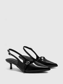 CUCCOO BIZCHIC Pointed Toe Backless Strap Small Kitten Heel Women Shoes - Black - View 6