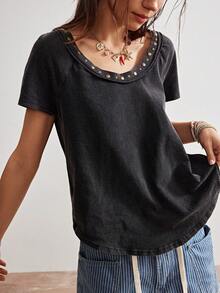 Bohemela 女士休闲纯色针织宽领不对称深V露背水洗短袖T恤，适合度假夏季穿着，黑色上衣 - 黑色 - 查看 8