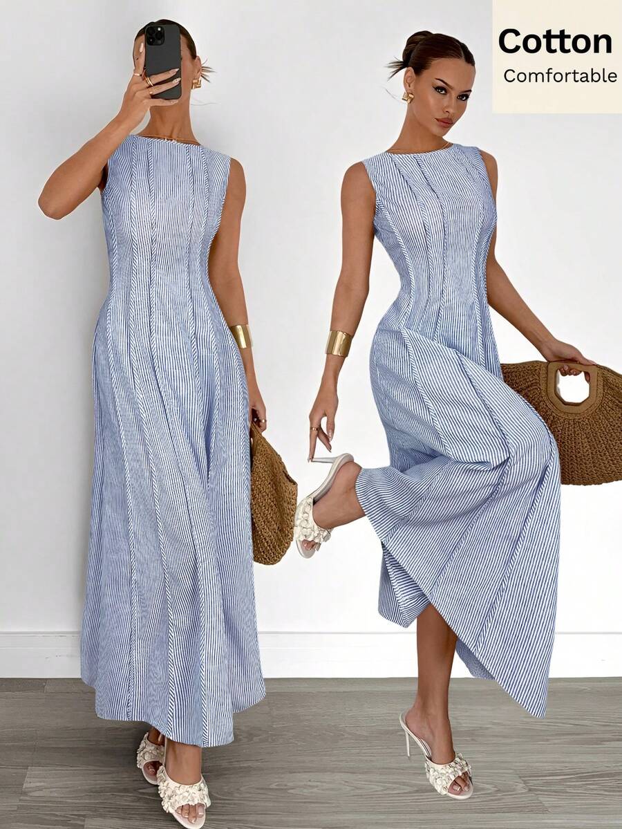 Siren Gaze Spring/Summer Pure Cotton Blue And White Striped Sleeveless Slim Fit Vest Dress For Women; Simple, Elegant, High-Waisted, Slimming, Artistic Style Dress Long Dress Summer Women Ankled Length Dress Blue Maxi Dress Women Casual Long Dress Ankle Length Dress - Blue and White - View 1