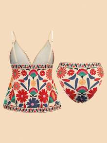 Travachic 女士夏季沙滩打结印花吊带泳衣套装，沙滩，女士沙滩装，沙滩套装，外出，度假，女士度假装，假日，夏季，夏季服装，女士夏季装，情人节，狂欢节，狂欢节服装，派对，外出，外出装，休闲，优雅，Y2K，花朵，白色，红色，粉色 - 彩色 - 查看 3