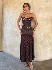 Aloruh Women's Retro Polka Dot Backless Belted Maxi Dress, Women's Beach Vacation Dress, Casual Polka Dot Print Dress, Women's Vacation Outfit, Holiday Wear, Casual Maxi Dress, Vacation Dress - Brown - View 7