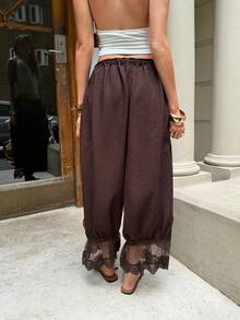 Serisse 女士抽绳腰带蕾丝拼接休闲百搭日常裤 - 棕色 - 查看 2