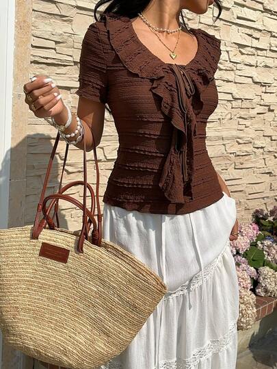 Serisse 女士纯色V领荷叶边短袖休闲修身T恤