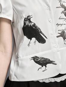 ROMWE Gothic Lolita Crow Print Puff Sleeve Fitted Women Shirt - White - View 5