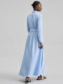 Ontre 女士纯色翻领系腰褶皱长连衣裙，适合日常穿着、约会和派对。 - 藍色 - 查看 7