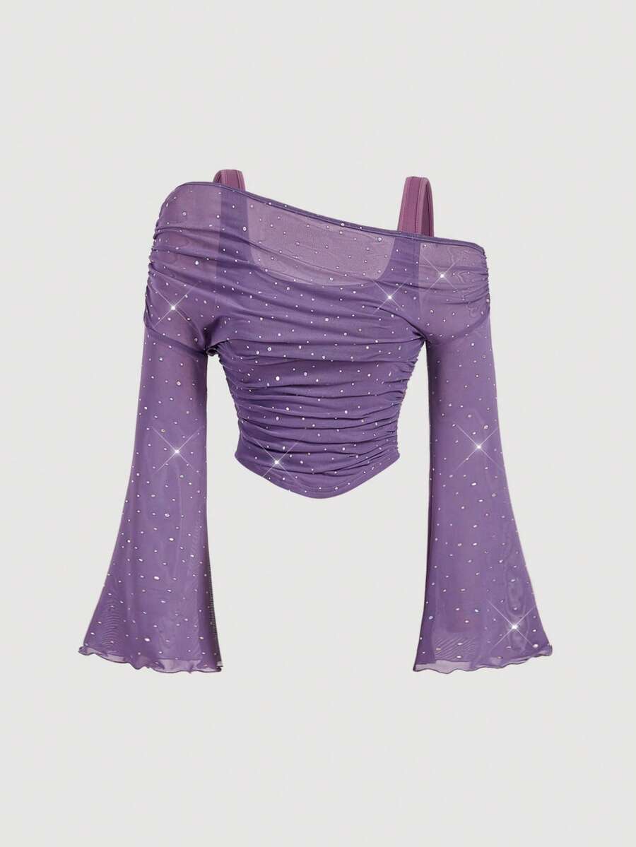SHEIN MOD Áo thun dài tay xuyên thấu, gợi cảm, đính sequin, kiểu dáng bất đối xứng, chất liệu lưới, tay loe 2 trong 1, phong cách miền Tây, cổ điển, thập niên 70, thích hợp cho tiệc độc thân, mùa thu, Giáng sinh, tiệc tùng, áo lấp lánh. - Màu Lilac Tím - Xem 1