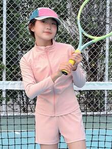 DAZY Ensemble de survêtement décontracté d'été pour préadolescentes, composé d'un sweat à capuche zippé à manches longues et d'un short, de couleur unie - Rose bonbon - Voir 3