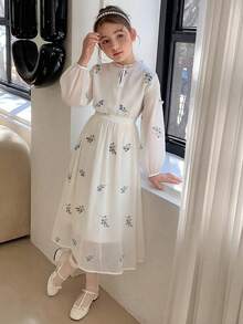 Bộ áo và chân váy ngắn in hoa mỏng nhẹ, thích hợp cho bé gái tuổi teen, mùa hè. - Màu be - Xem 2