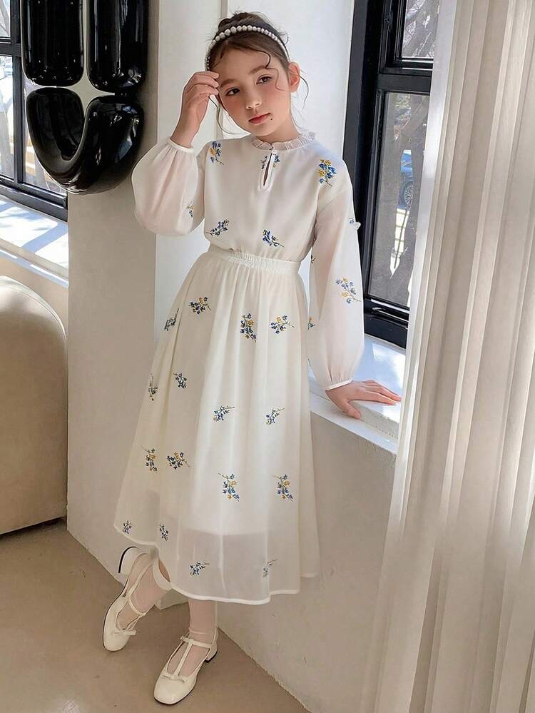 Tween Girls' Casual Floral Print Sheer Blouse And Mini Skirt Set, Summer