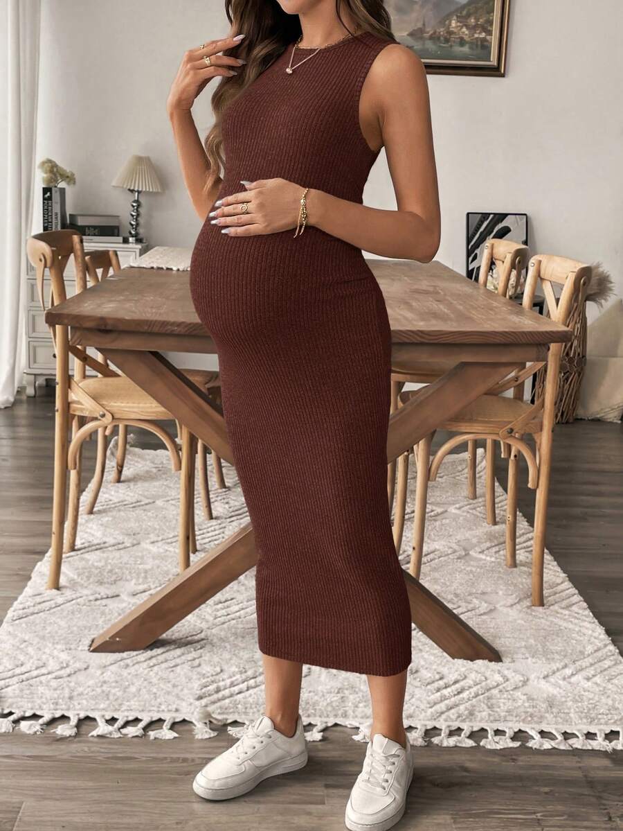 SHEIN Gaun Hamil Tanpa Lengan Leher Bulat Bergaris Pas Badan Bergaya Musim Panas - Coffee Brown - View 1