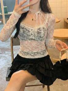 DAZY Camiseta de manga larga con cordones y encaje elegante para mujer, para primavera y otoño - Albaricoque - Ver 2