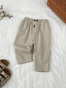 SHEIN 男婴/女婴休闲卡其色松紧腰带口袋校裤/长裤/裤子 - 卡其色 - 查看 1