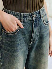 Anewsta Quần jeans ống loe màu xanh dương kiểu retro có túi dành cho nữ. - Màu xanh lam - Xem 6