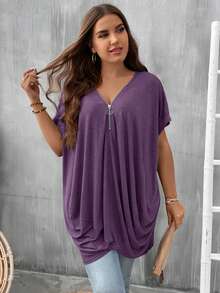 SHEIN LUNE Blusa feminina plus size casual de cor sólida com manga morcego, blusa feminina plus size casual de verão, blusa feminina plus size. - Roxo Lilás - Ver 3