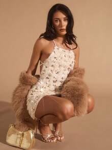 Glamine Glänsande sexig rygglös paljett-off-shoulder miniklänning, lämplig för bröllopsgäster, tillbaka till skolan, elegant damklänning, sexig klänning, festklänning, höst, aftonklänning, bröllopsgästklänning, romantisk klänning, höst-/vinterkläder, födelsedagsklänning, festklänning, elegant klänning, romantisk klänning, höstkläder, countrymusikfestivaloutfit, bröllopsgäst - Aprikos - Visa 1