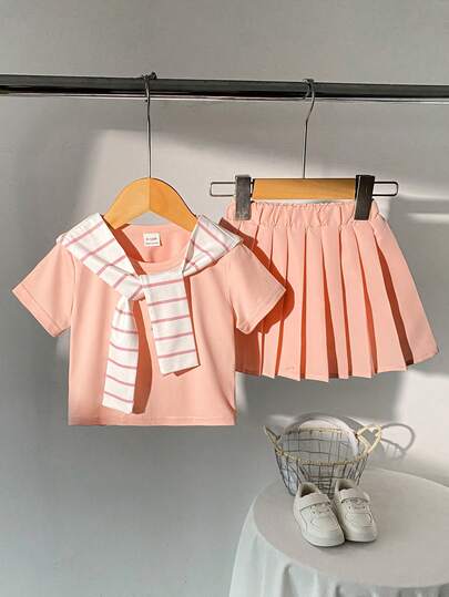 SHEIN Playful Pals 3pcs/Set Baby Girls' Summer Casual T-Shirt, Striped Versatile Raincoat, And Matching Pleated Skirt, Fashionable And Comfortable Daily Casual Street Style Outfit, Baby Girls' Summer Set, Girls' Outfit