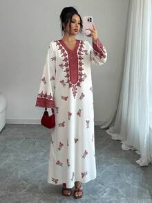 Yasmyna 女士宽松印花长袖阿拉伯连衣裙 - 紅色 - 查看 5