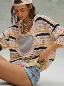 Bohemela Women's Lace Patchwork Hollow Out Casual Versatile Daily Wear Long Sleeve Sweater - Multicolor - View 2