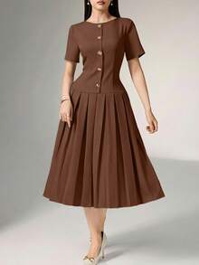 Heiryn Solid Button Front Pleated Hem Dress - Rust Brown - View 5
